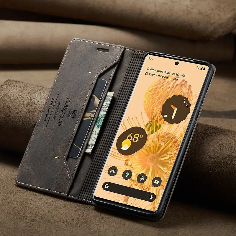 Кожаный чехол для Google Pixel 6 Pro Магнитный чехол-книжка с карманом карт и подставкой