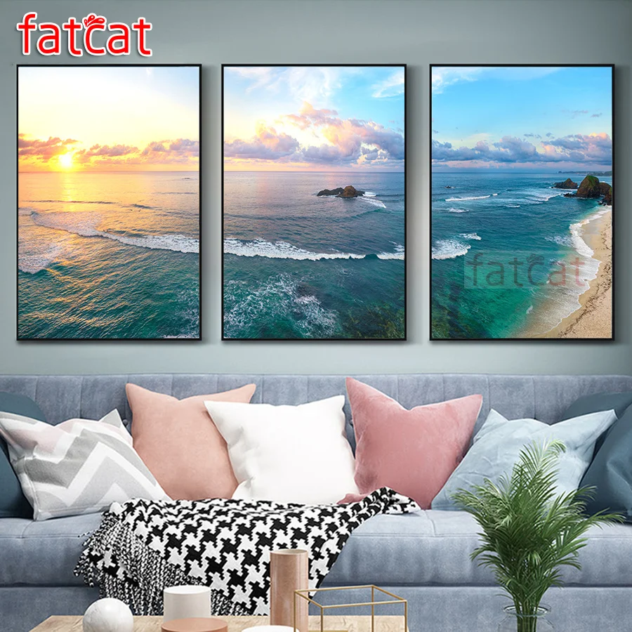 

Картина из страз FATCAT, "спокойный морской пейзаж", 5d, квадратная Круглая Мозаика, наборы для вышивки, Триптих, домашний декор, AE2684