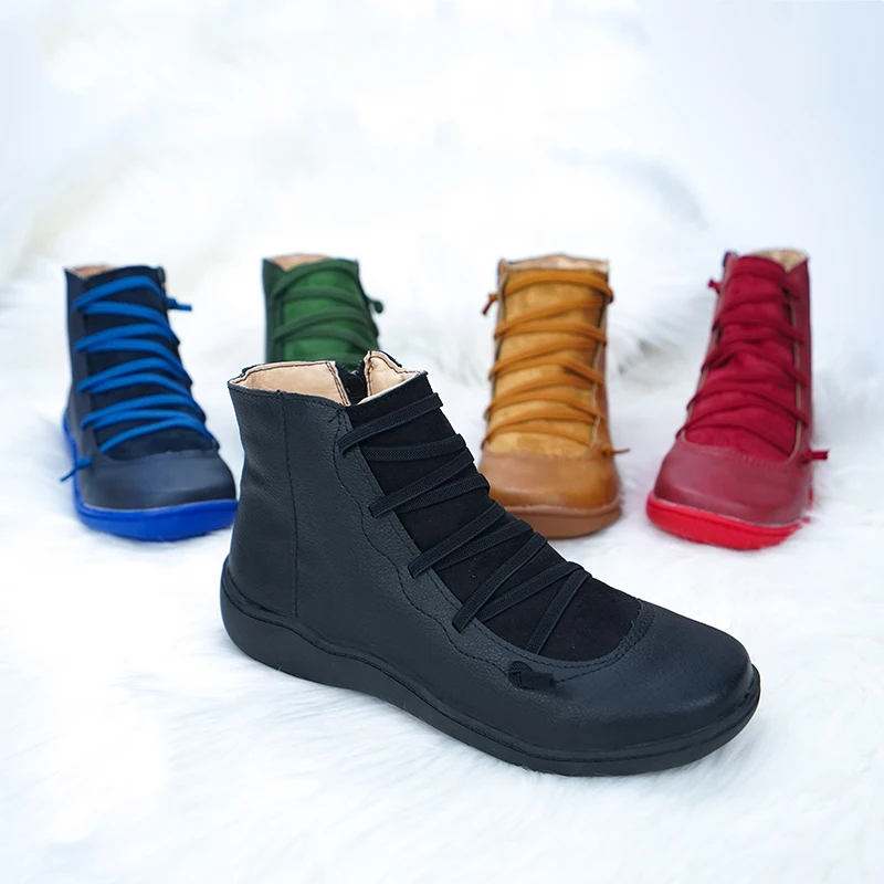

New Leather Ankle Boots Autumn Vintage Lace Up Women Shoes Comfortable Flat Heel Boots Female Zipper Short Boots Dropshipping