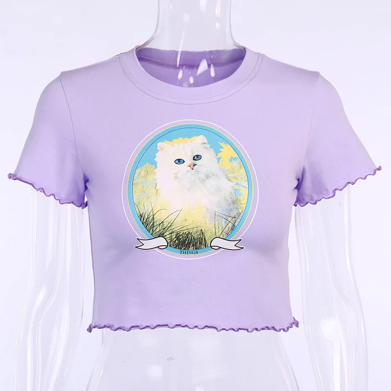 

Sexy Cat Print T-shirt Women Fashion Sweet Girl Short Sleeve Crop Top Casual Basic Tshirt E-girl Summer Clothes Streetwear