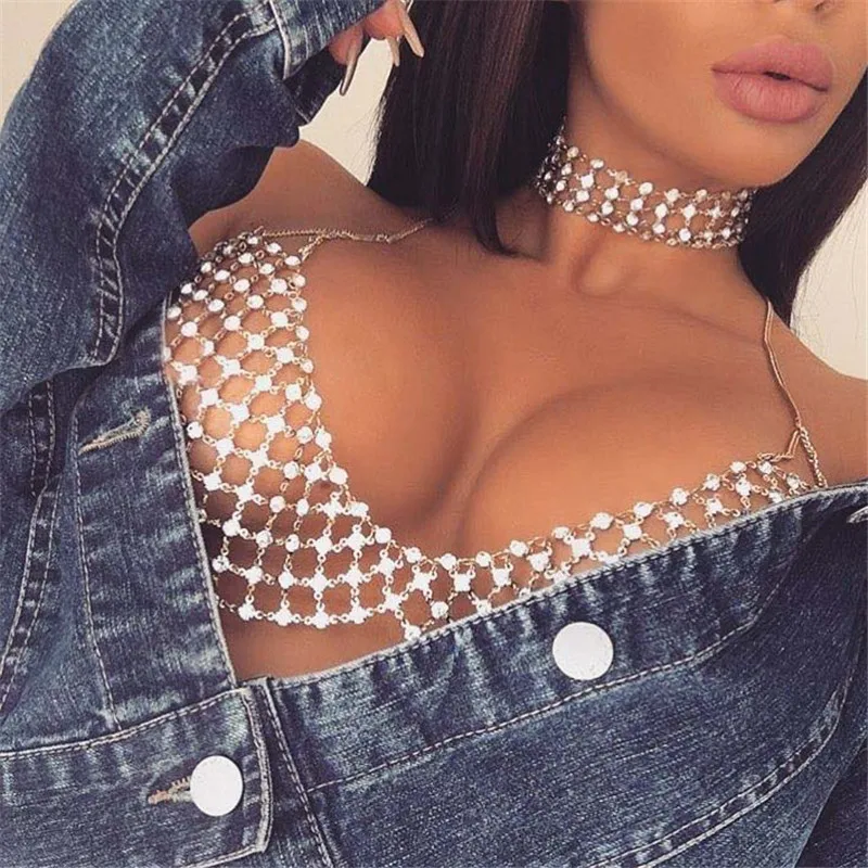 

AKYZO High Quality Handmade Rhinestones Camis Women Bling Tank Tops Shiny Beach Party Club Metal Chain Hollow Out Tops