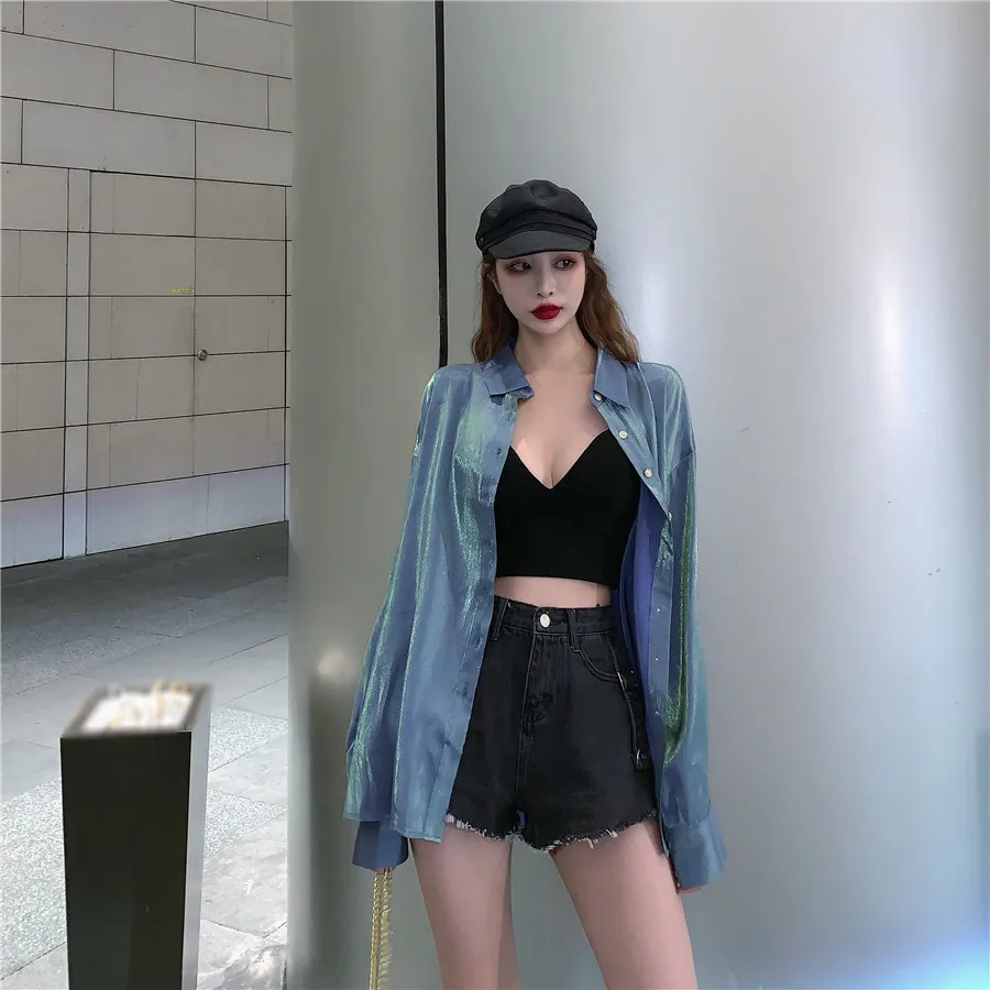 

Korean Version of Retro Single-breasted Loose Shirt Female Summer New Bright Shiny Thin Sunscreen Shirt Female