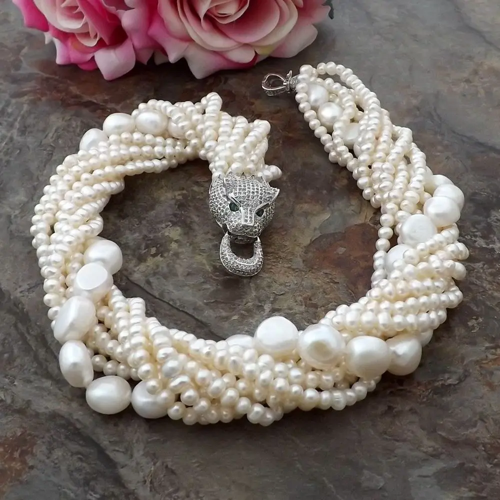 

Новое ожерелье из натурального пресноводного белого жемчуга 9 нитей 5-11 мм с фианитами и застежкой в виде головы леопарда 18 дюймов