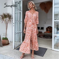 simplee casual printed spring women maxi dress high waist v neck lace up beach vestidos fashion loose buttoned a line dress 2021