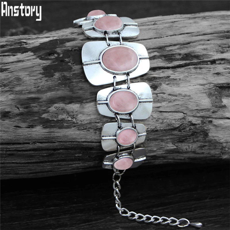 

Vintage Oblong Quartz Lapis Lazuli Bracelet For Women Antique Silver Plated Natural Stone Unakite Amethysts Fashion Bracelets