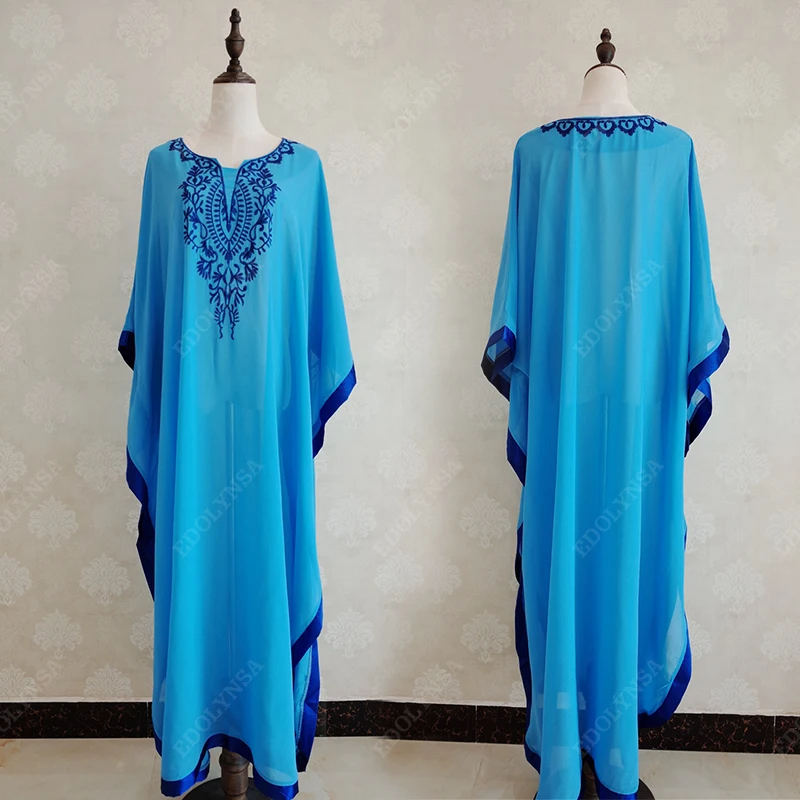 2022 искусственная синяя вышитая летняя пляжная одежда шифоновый кафтан Пляжная