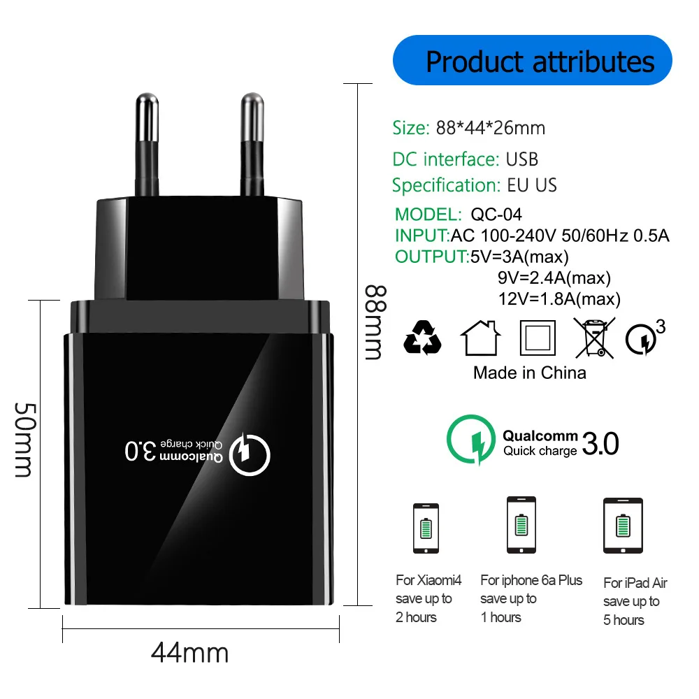 

48W Quick Charger 3.0 USB Charger for Samsung A50 A30 iPhone 7 8 Huawei P20 Tablet QC 3.0 Fast Wall Charger US EU UK Plug Adapte
