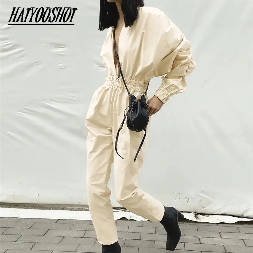 

Women's V neck High Waist jumpsuits Straight Elastic Waist women rompers Lantern Sleeve jumpsuits sexy High Street bodysuit