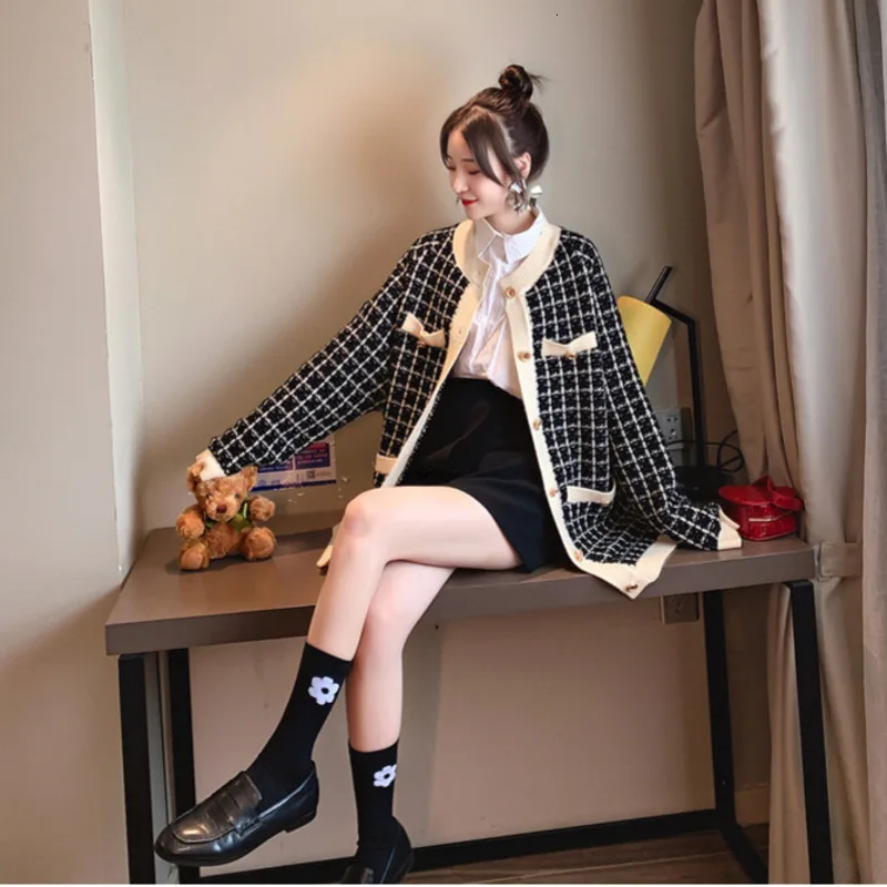 [DEAT] осенне-зимний Винтажный Классический Клетчатый плотный теплый кардиган с длинными рукавами, вязаный женский свитер AT139