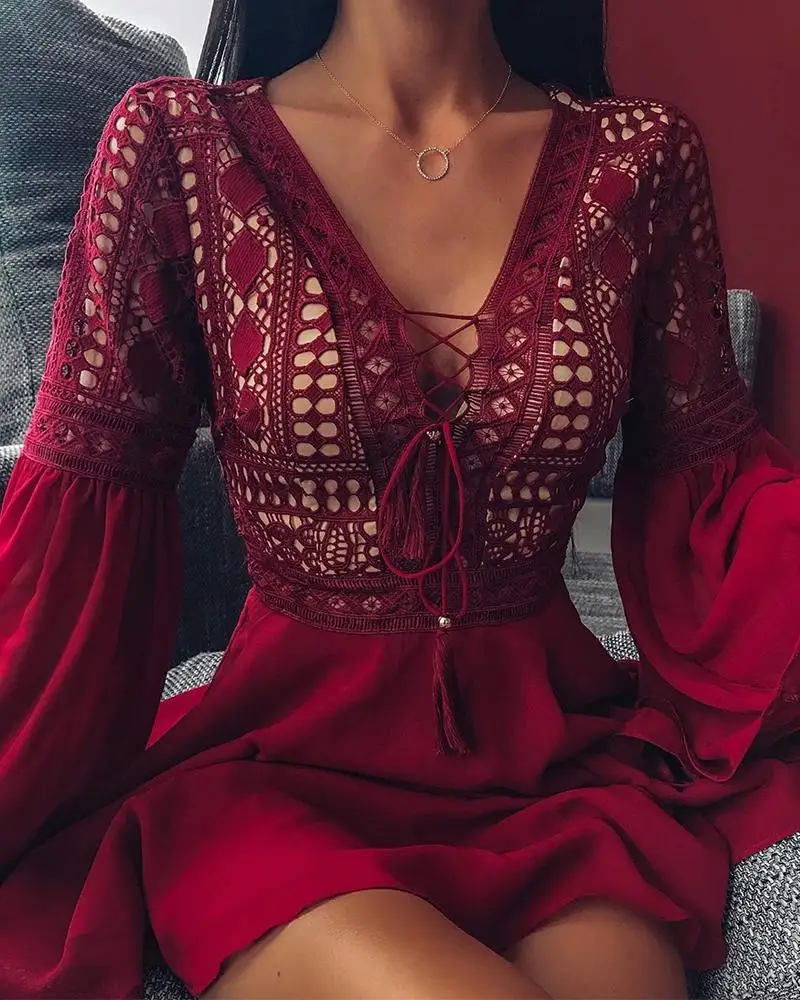 Кружевное мини-платье с кружевной отделкой спереди женское повседневное