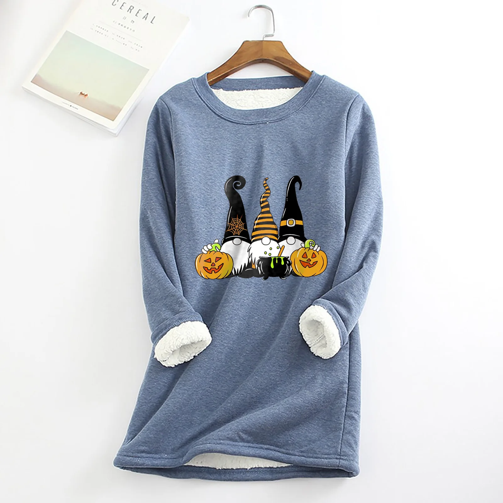 

2021 Autumn and Winter New Plush Warm Bottoms Halloween Print Sweatshirt Pullovers