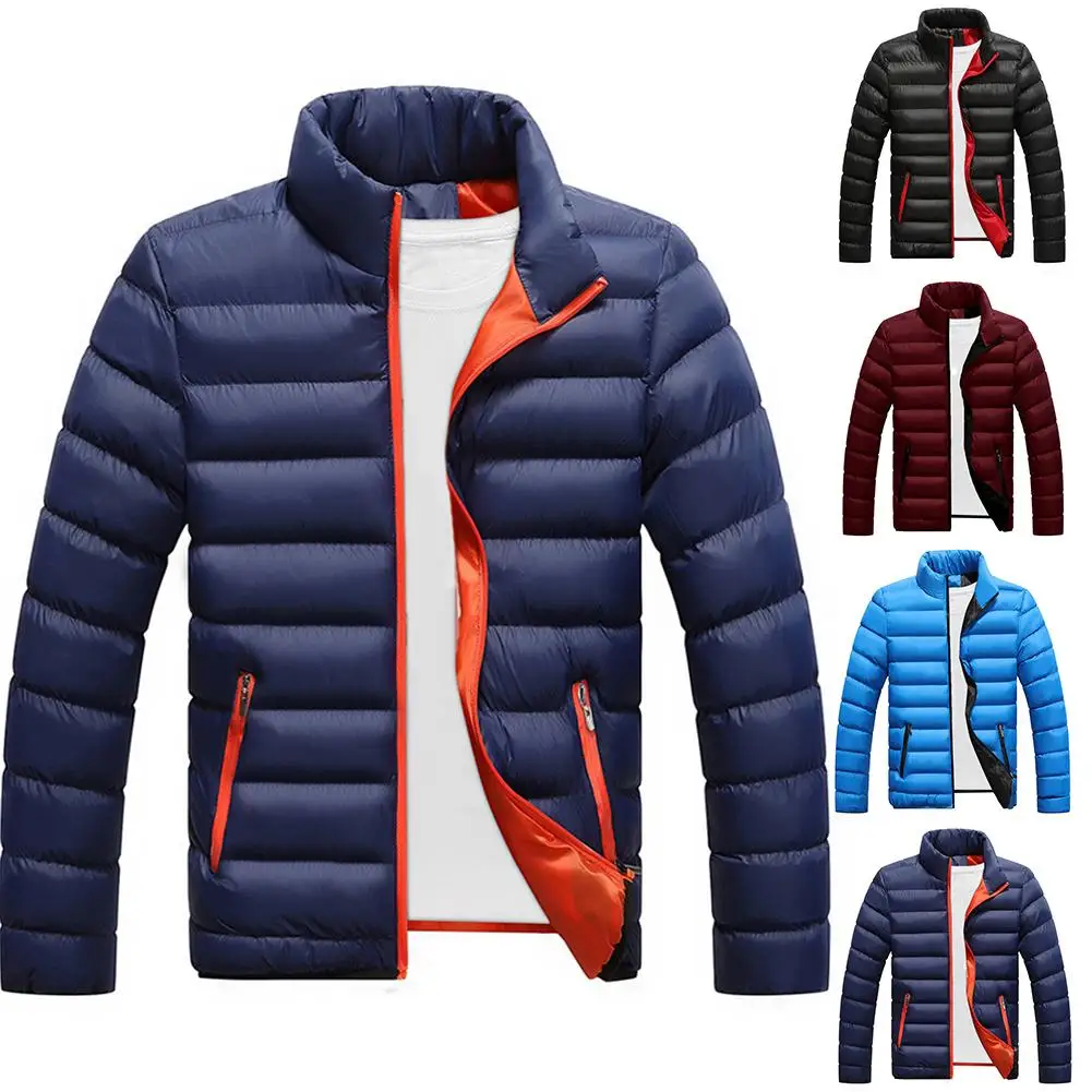 

Fashion Men Winter Stand Collar Solid Color Cotton Padded Warm Puffer Jacket