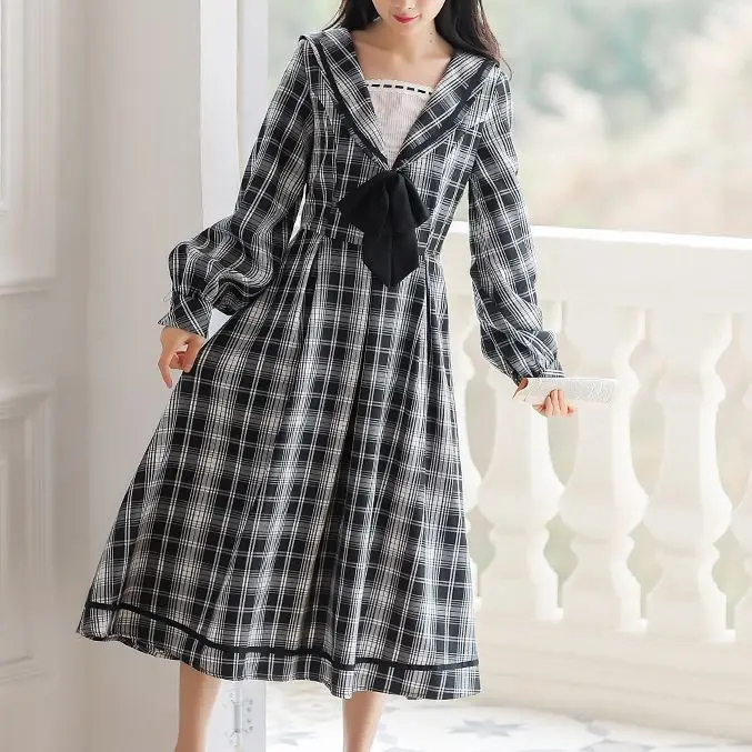

Sweet Navy Collar V-Neck Retro Plaid Cotton Dress Tea Party Harajuku Long Sleeve 2021 Spring Mid-Length Dress Loose Street Dress