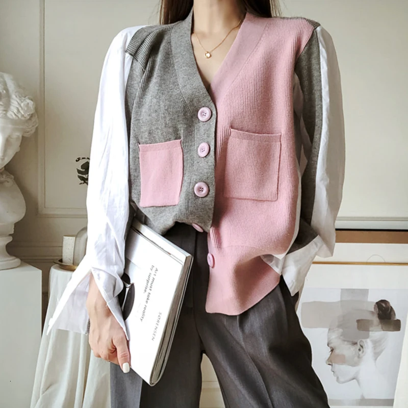 

Genayooa 2019 Autumn Knitted Women Sweater Deep V Neck Cardigan Sweater Long Sleeve Patchwork Jumpers Femme 2019