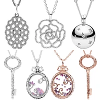 shimmering lace rose flower regal key moon and star with crystal 925 sterling silver necklace for pandora bead charm diy jewelry