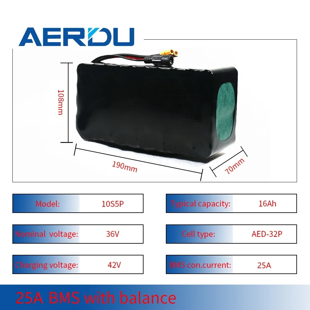 

AERDU 36V 10S5P 16AH Li-ion Battery Pack for 18650 750Watt Motor 25A BMS Electric Scooter Skateboard Bicycle Ebike Car
