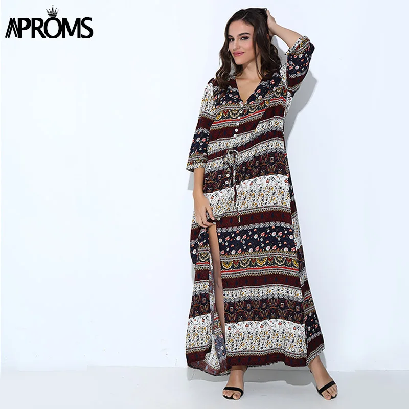Платье женское длинное в этническом стиле с V образным вырезом и полурукавом|long