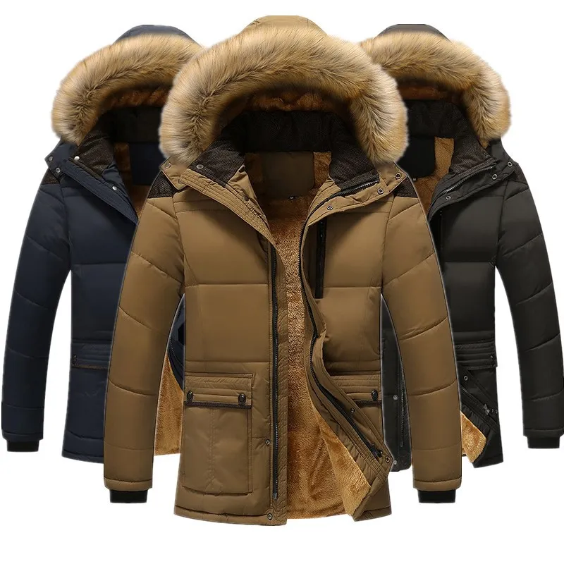 

Winter Faux Fur Detachable Collar Parka Men Thick Cotton Jacket Oversize Male Hooded Coat Long Loose Warm Parka Overcoat Men