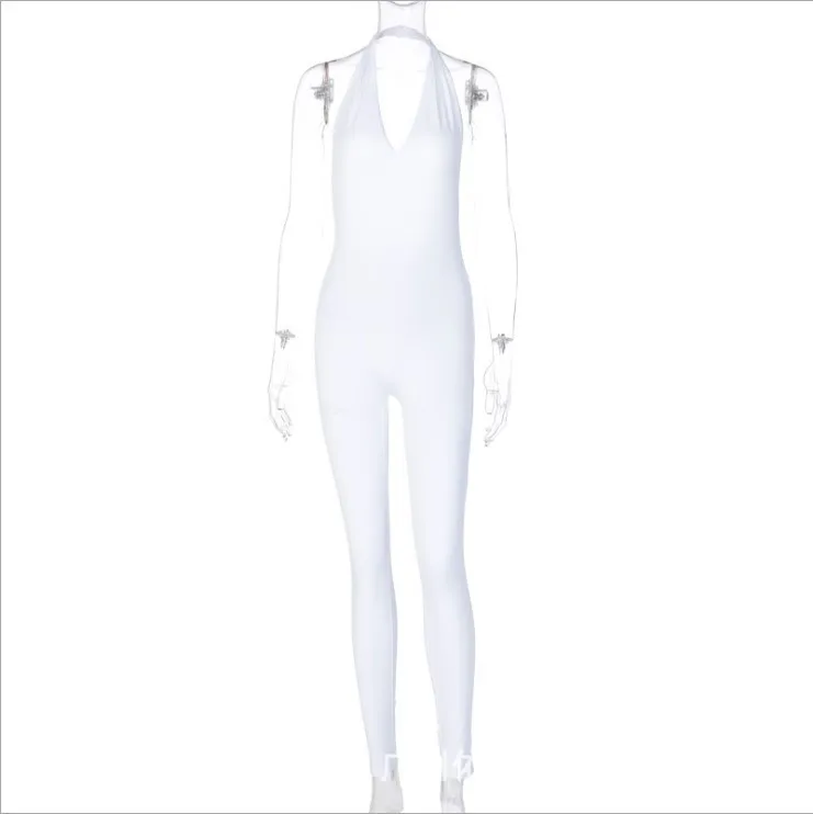 

Solid Bodycon Halter Women Long Jumpsuits Skinny Backless Sleeveless Workout Overalls Sportswear Fashion Basic Jumpsuit