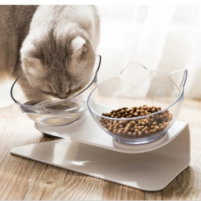 

Cat Dog Bowl Non-slip Double Bowl Style Protection Cervical Vertebra Pet Food/Water Bowl Cat Ears Transparent Design