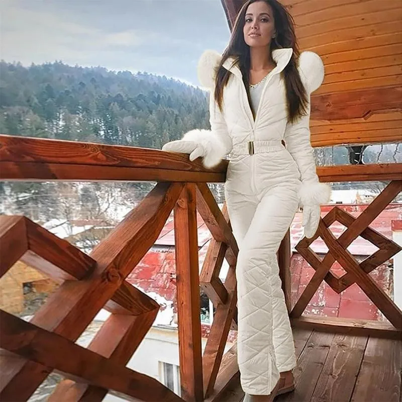 

Winter Women's Hooded Jumpsuits Suit Parka Cotton Padded Warm Sashes Ski Suit Straight Zipper One Piece Casual Tracksuits