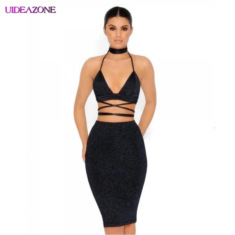 Сияющий блеск для женщин комплект из двух предметов платье Холтер шеи крест