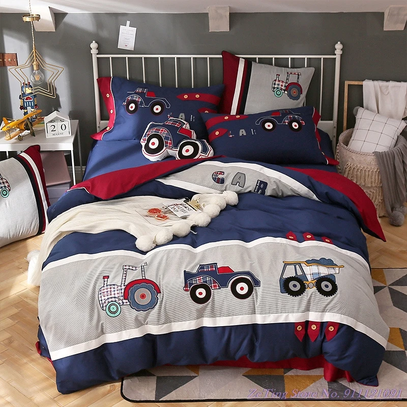 

High Quality Children Bedding Set Pure cotton embroidery cute flowers Duvet Cover boys girls car bedding 1.2m Bedsheet Blue Pink