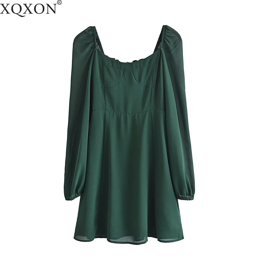 

Autumn and winter new women's retro solid color heart-shaped collar slim waist long-sleeved dress ropa mujer talla grande