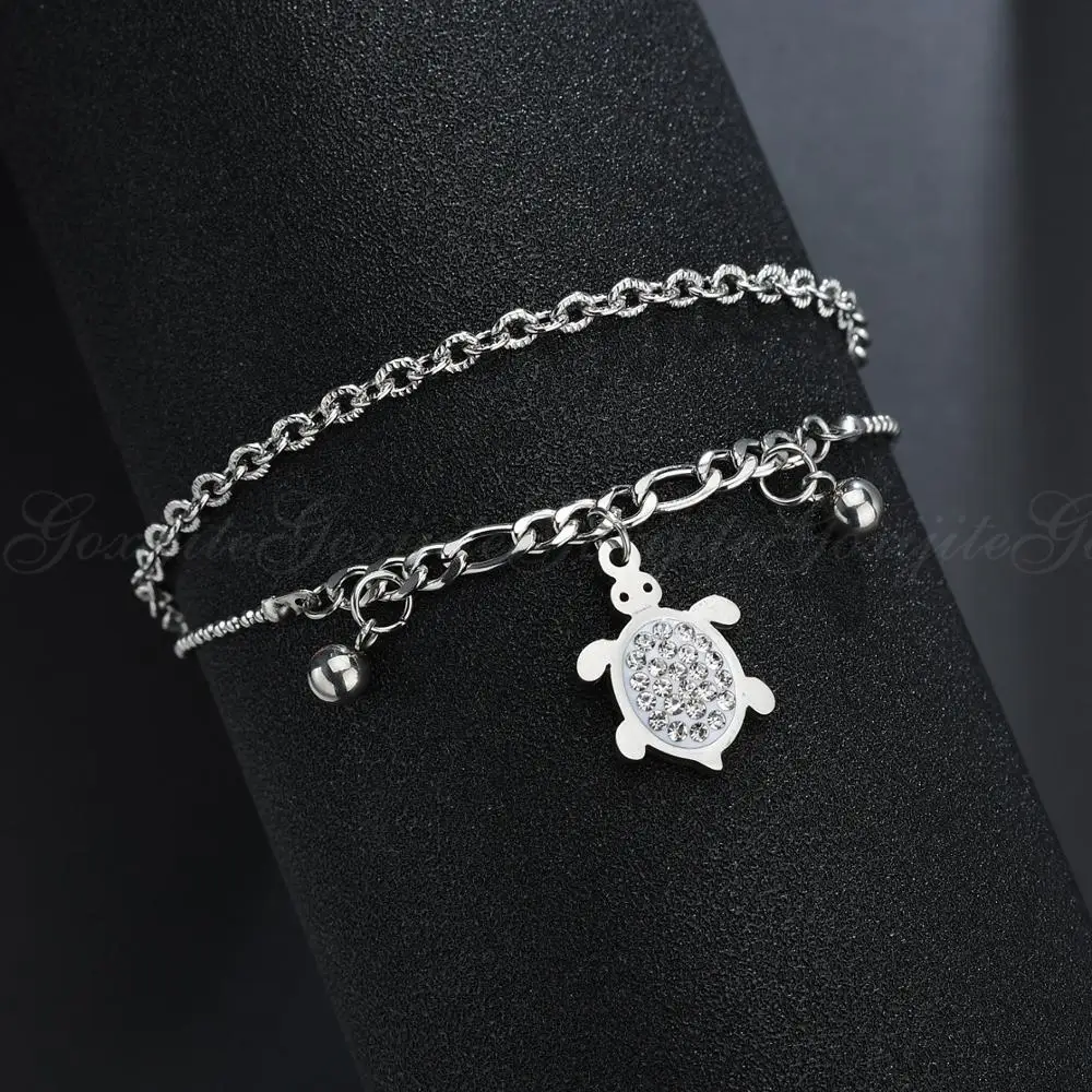 Goxijite Cute Turtle Double Layer Bangle Bracelet Stainless Steel CZ Stones Charm Adjustable Jewelry Kids Gift | Украшения и