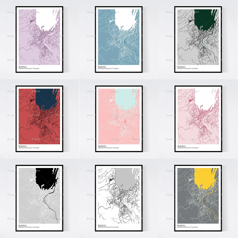 

Bukavu,Congo Map Nordic Retro Minimalism Painting Posters and Prints on Canvas Wall Art Modular Pictures Home Decoration Cuadros