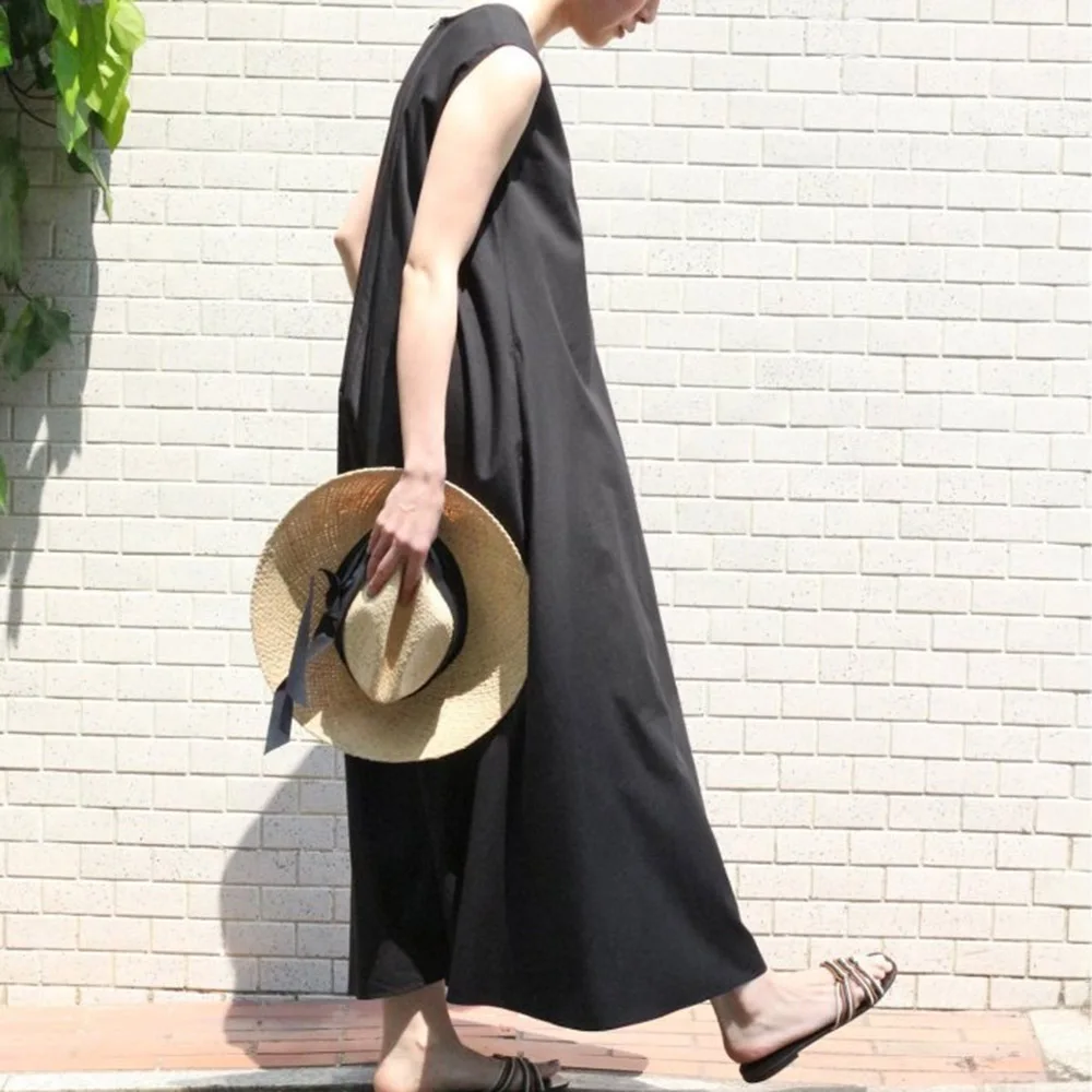 

black long a line women dress summer sleeveless 2020 janpan casual pullover female office lady work maxi dresses vestiods