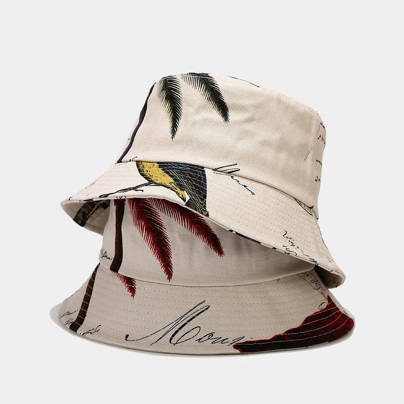 Coconut Tree Bird Embroidery Bucket Hat Men Women Fashion Fisherman Hat Beach Sun Hats Bob Femme Panama Hat Basin Caps