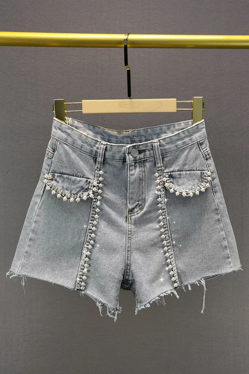 

IEQJ 2021 New Summer Fashion Women Clothes Low Waist Broken Tassels Pocket Pearl Spliced Slim Shorts Female Hots WR24605L