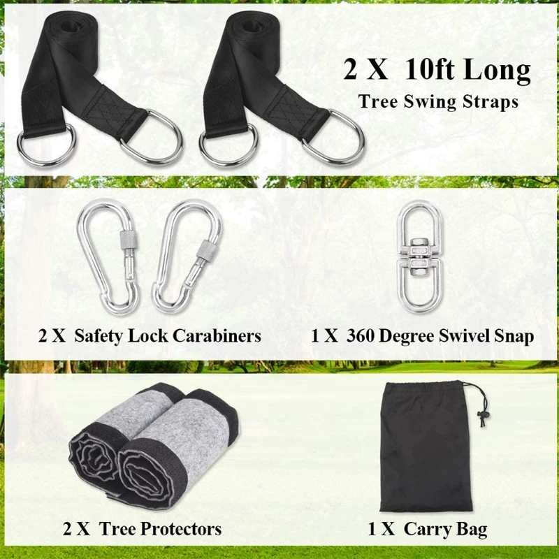 

1000D Enhanced Safe Tree Swing Hanging Kit Set / 2 Extra Long 10 FT Straps with Two Stainless Carabiners Holds 2646 LBS