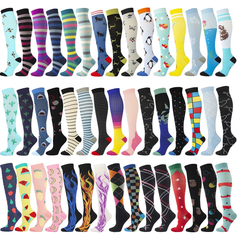 

Compression Stockings Unisex Sport Leg Pressure Nylon Running Travel Happy Long Health Compress Women Men Socks Animals