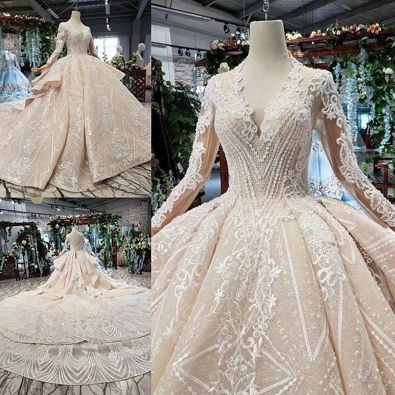 BacklakeGirls 2020 New Deep V Neck Organza Ball Gown Appliqued Beaded Sequins Muslim Wedding Dresses Long Sleeve Hollow Out Back |