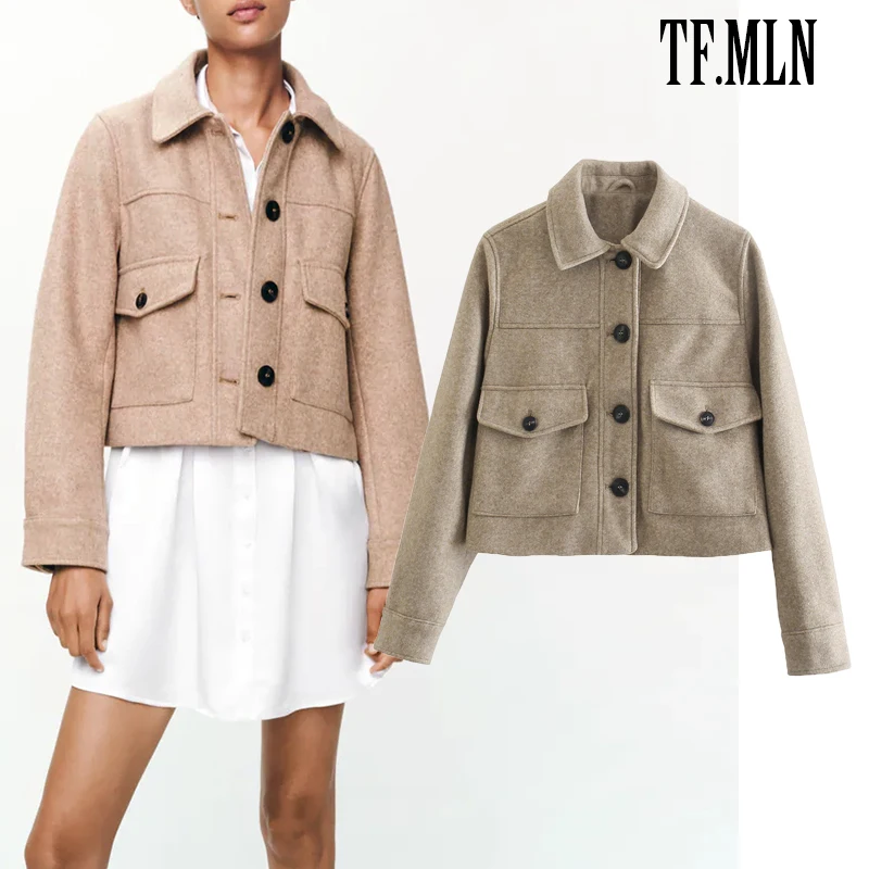

ZA Women Autumn Short Jacket Coat 2021 Fashion Vintage Shirt Style Pockets Thicken Coats Oversized Outerwear Chic Tops