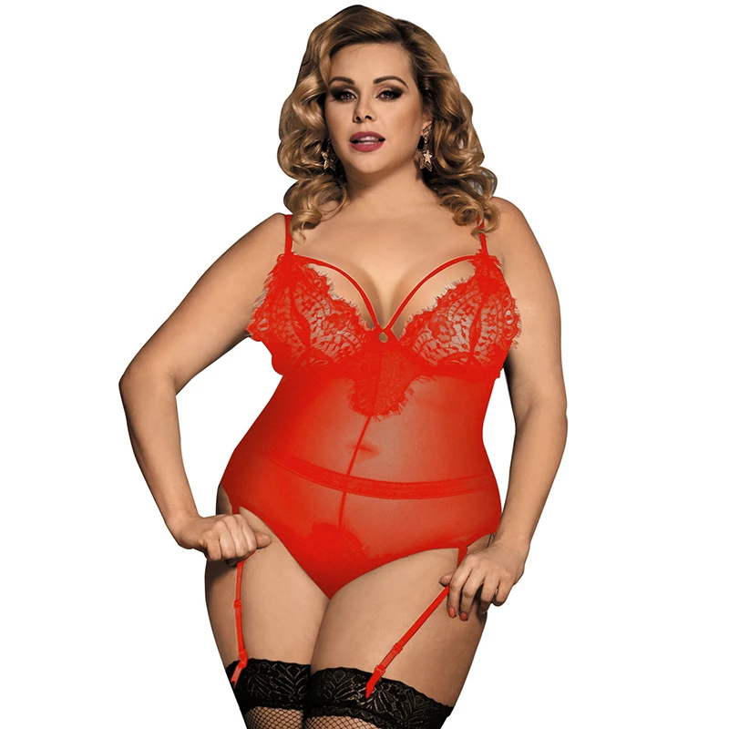 Comeonlover  Lace Bodysuit Plus Size 5XL Lace V Neck Body Suit Bodycon Sexy Body Back Bare Mesh Bodysuit Transparent RE80266P