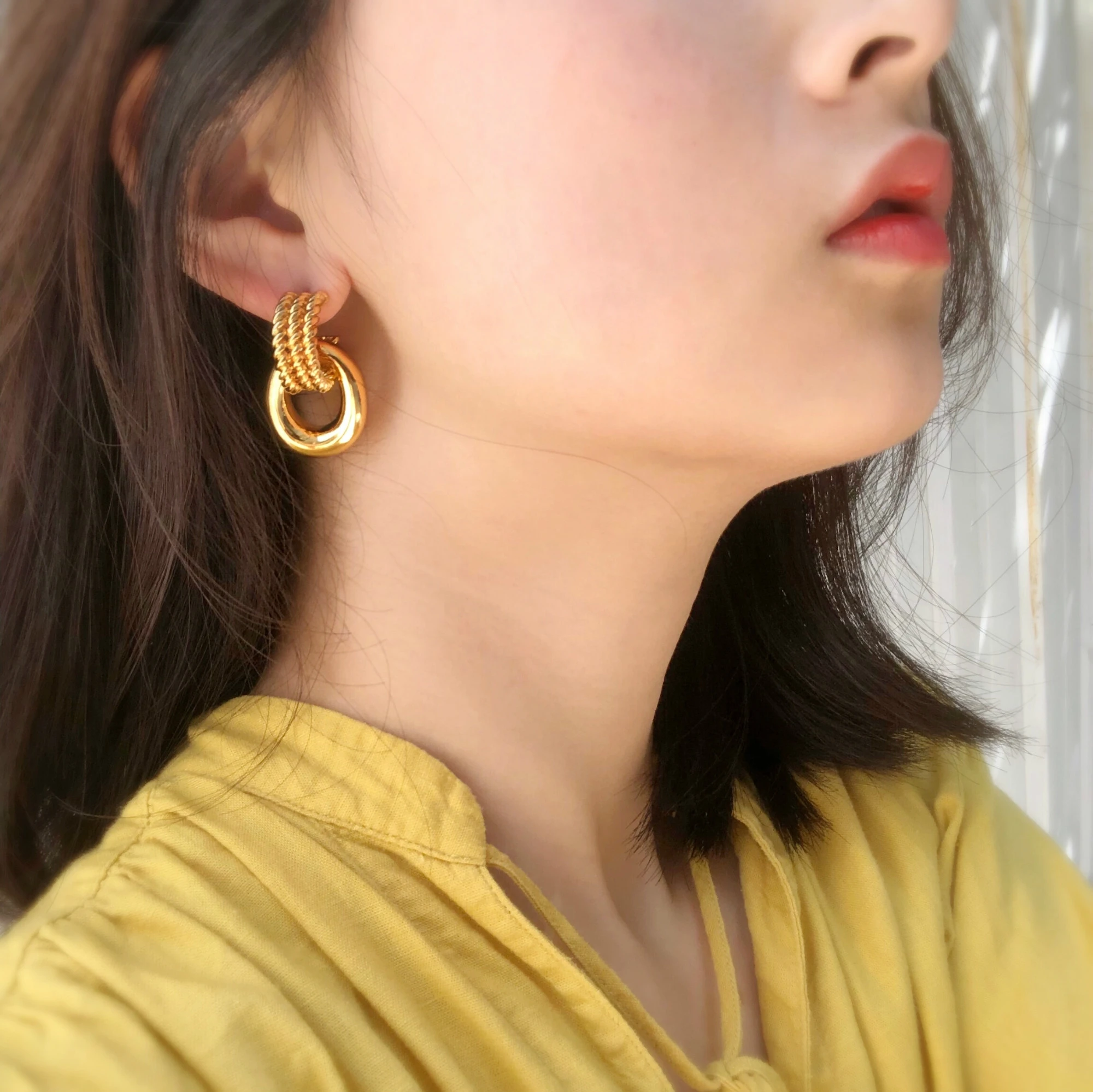 

Brass With 18K Gold Linked Drop Earrings Women Jewelry Punk Party Gown Runway Korean Japan INS Boho Top