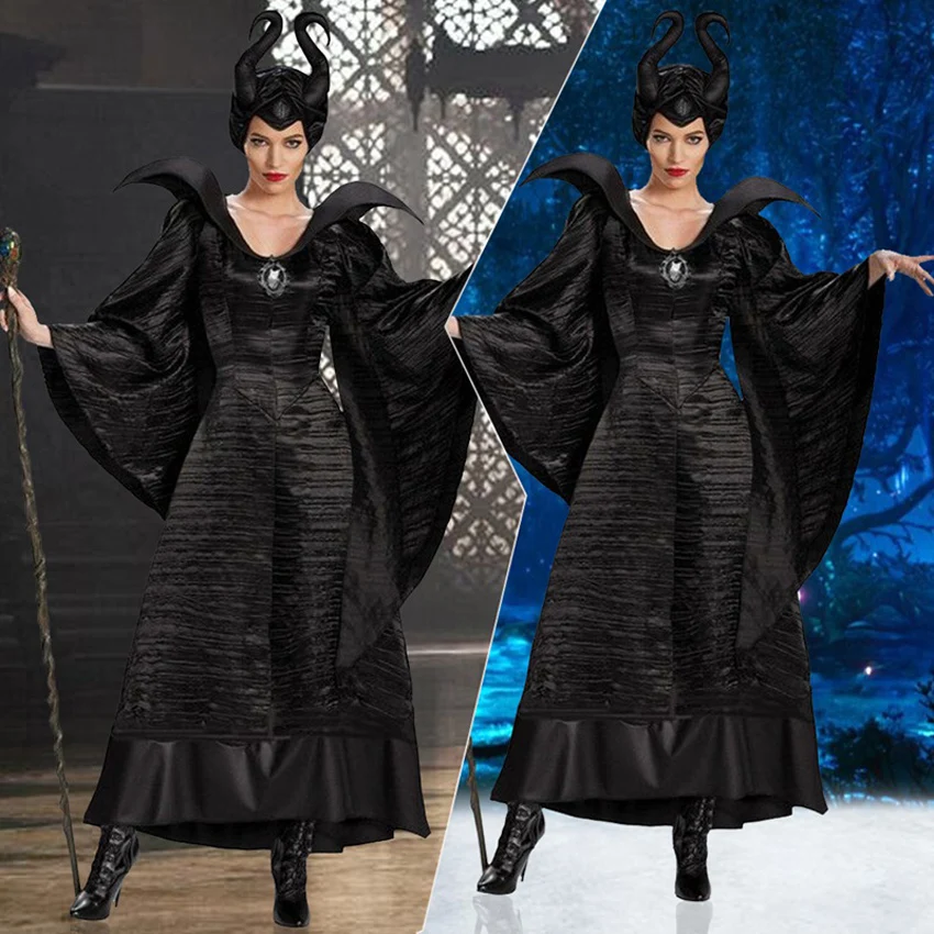 M-XL размера плюс Хэллоуин малефисент Косплей костюмы женщина страшный ужас комплект одежды с рогами Черная Королева ведьма одежда