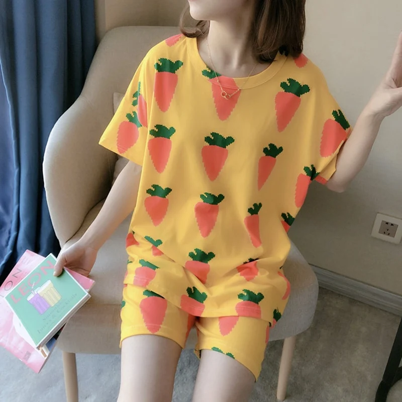 

2PCS Plus Size Cotton Pajamas For Women Sleepwear Short Sleeve O-neck Home Suit Women Pyjamas Fruit Print Sweet Pajamas