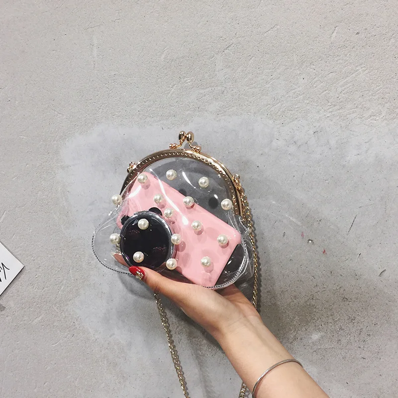 

Pearl Transparent Bag For Women 2020 New Summer Fashion Jelly Bag For Girls Clip Lock Shoulder Messenger Chain Bag