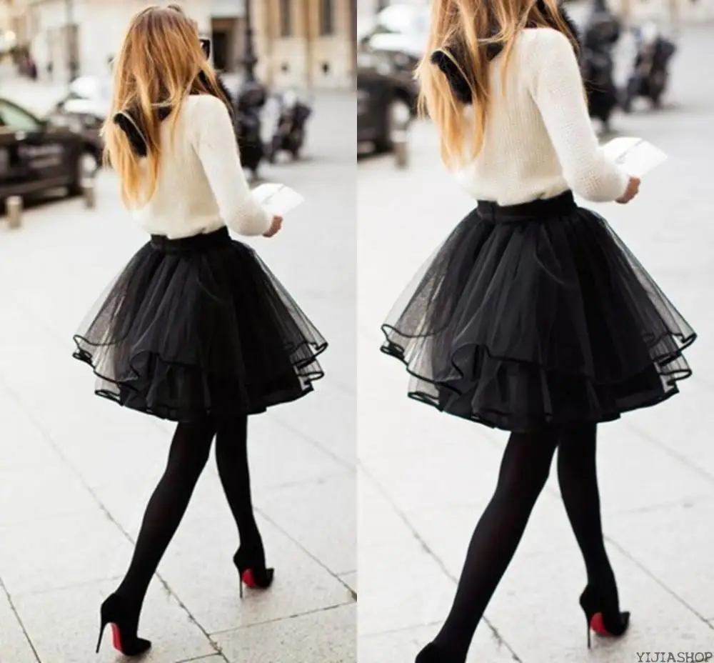 Мини юбка женская короткая пушистая из черного тюля с оборками модная пикантная