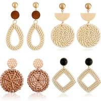 2020 new korea round drop earrings for women natural geometric wooden bamboo straw weave rattan knit vine beach earring