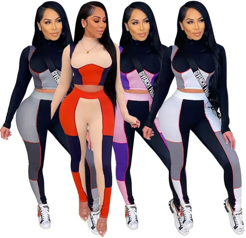 

Women Color Patchwork Fitness Two Piece Set Long Sleeve Pullover Slim Pants Suit Tracksuit Sweatsuit GYM Workout Outfit