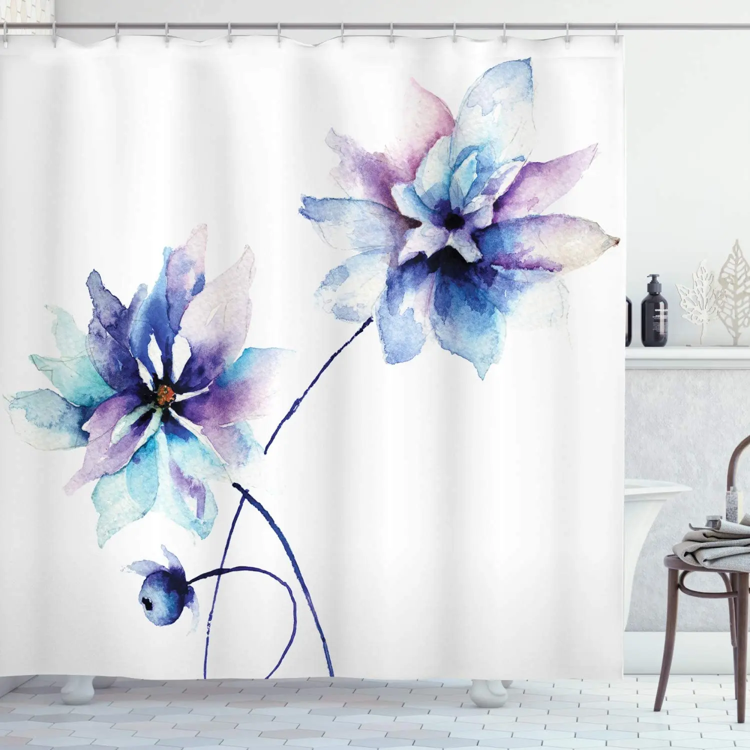 

Flowers Shower Curtains Watercolor Floral Spring Retro Style Cloth Waterproof Fabric Bathroom Decor Set with Hooks White Purple