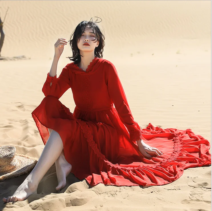 

Summer travel shoot desert red hooded long sleeve big swing chiffon fairy dress beach vacation dress F559