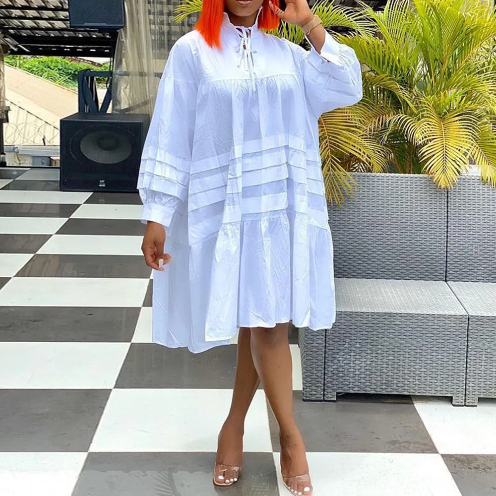 

African Women Shirt Dress Folds Solid Color Lacing Long Sleeve Autumn New 2021 Fashion Loose Casual Western Style Pullover