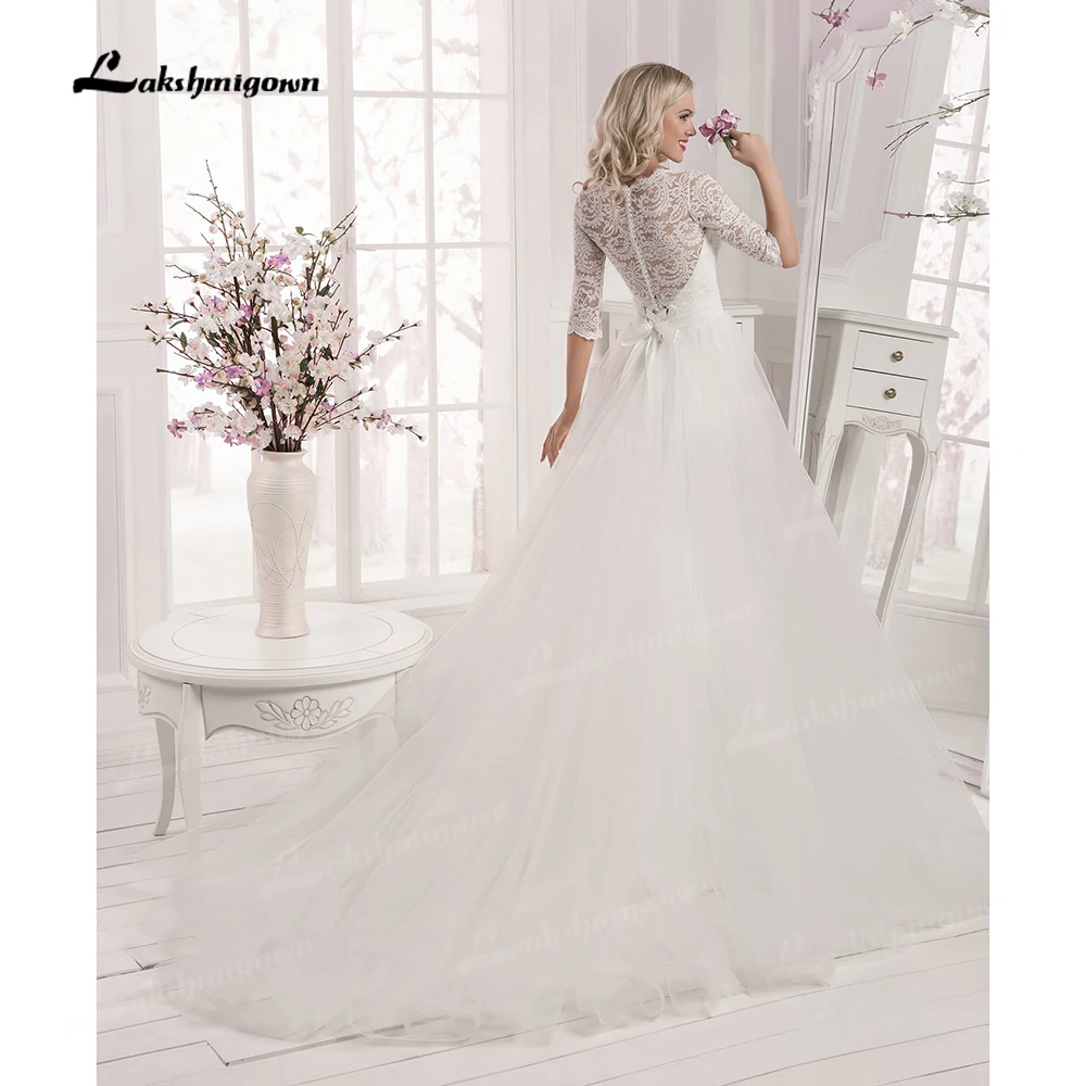 

Vintage Princess Wedding Dresses with Half Sleeves Illusion Simple Lace Embroidery White Ball Gown 2021 Vestido De Noiva