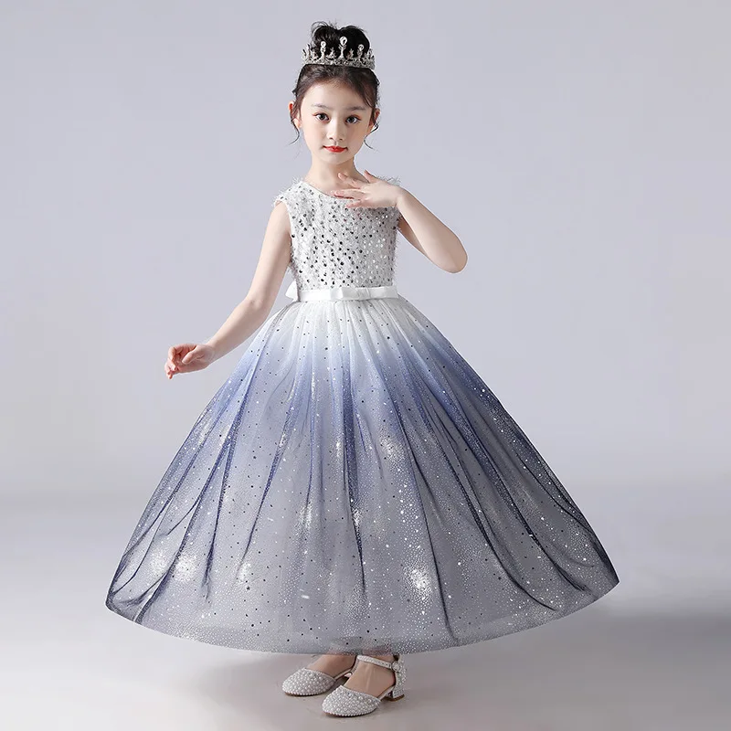 

New Fashion Sequined Girls Princess Dresses Piano Blue Catwalk Dress Long Child Birthday Party Dress Girls Formal Dress 5-14 Age